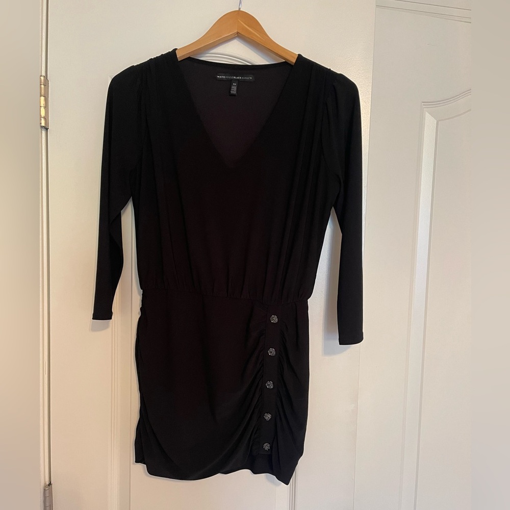 White House Black Market Long Black Blouse with Hematite Buttons